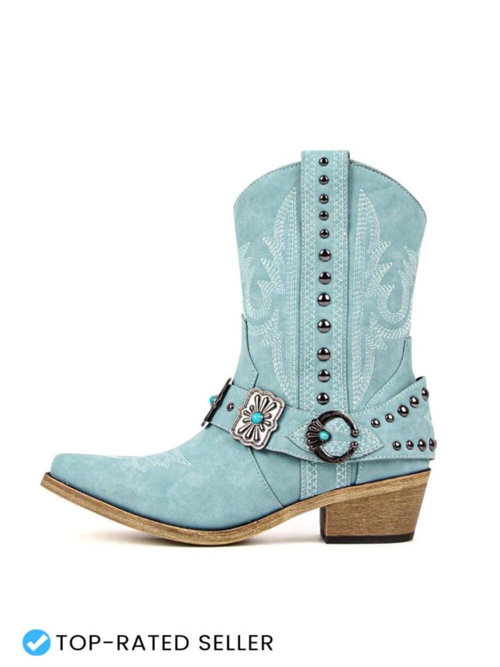 Faux Leather Western Ankle Boots Pointed Toe Block Heel Cowgirl